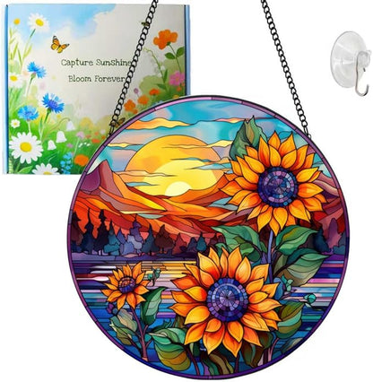 Sunflowers Suncatcher Sunflowers Stained Glass Suncatchers Stained Glass Ornament for Home Decor Indoor Wall Art Gift for Mother Women Friends (Sunflowers and Sun, M)