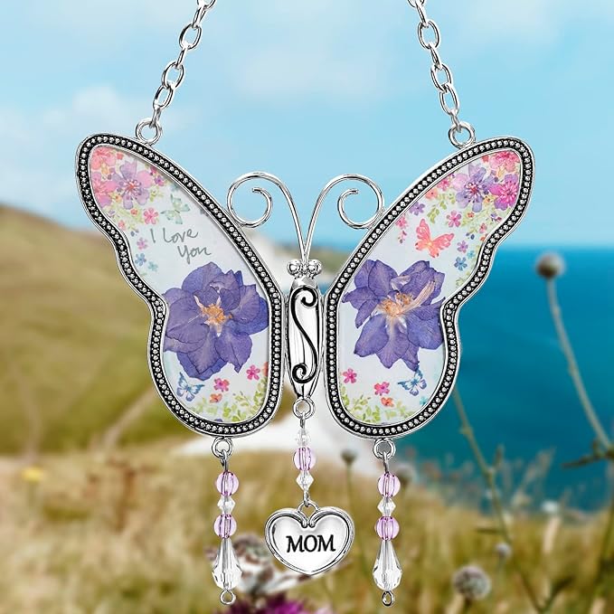 Butterfly Suncatcher with Pressed Flower Wings, Butterfly-Shaped Glass Wind Chimes with Real Flowers,Mother Heart Charm Wind Chime Gifts for Grandma Mother's Day