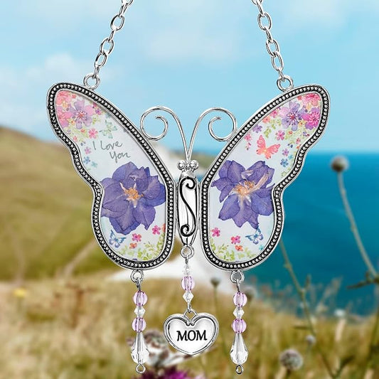 Butterfly Suncatcher with Pressed Flower Wings, Butterfly-Shaped Glass Wind Chimes with Real Flowers,Mother Heart Charm Wind Chime Gifts for Grandma Mother's Day