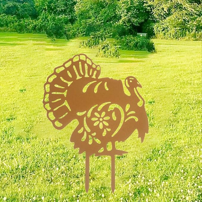 Turkey Animals Stakes Thanksgiving Day Ground Insertion Decor Vivid Hollow Iron Animal Statue for Courtyard Outdoor Yard Art Decorative (Rust)
