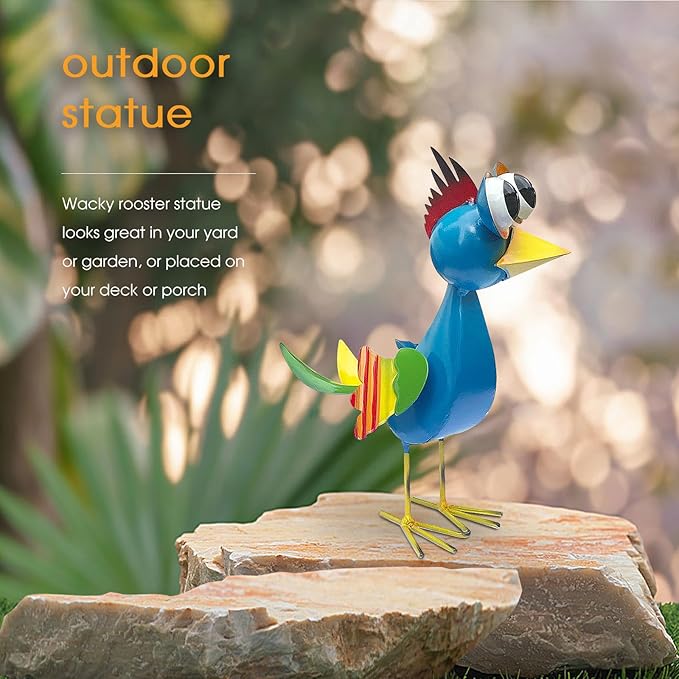 Colorful Metal Rooster Garden Statue, Wacky Outdoor Animal Statues, Weather-Resistant Chicken Figurine Outside Decorations, Metal Garden Sculptures, for Lawn Patio Porch Outdoor Decor