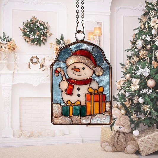 Cute Snowman Giving Presents Acrylic Suncatcher Stained Glass Effect Window Car Hanging Christmas Ornament Indoor Outdoor Decor Garden Sun Catcher Panel for Women Mom Grandma