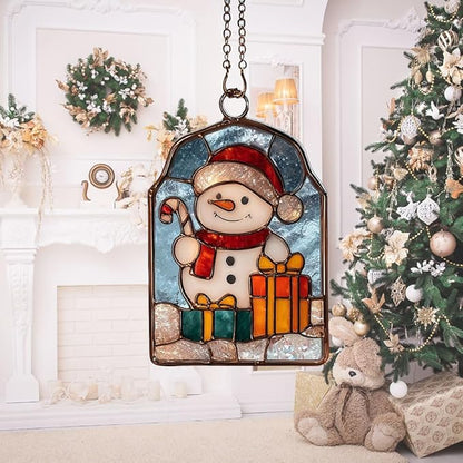 Cute Snowman Giving Presents Acrylic Suncatcher Stained Glass Effect Window Car Hanging Christmas Ornament Indoor Outdoor Decor Garden Sun Catcher Panel for Women Mom Grandma