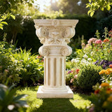 English Rosette Indoor Outdoor Sculptural Garden Plinth Base Statue Riser, Weatherproof Sturdiness Plinth Base Statue Riser for Statues, Flower Pots, Decor, Cast Stone Resin, Antique Stone Finish (F)