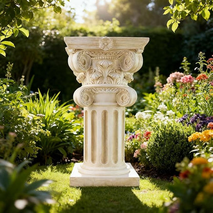 English Rosette Indoor Outdoor Sculptural Garden Plinth Base Statue Riser, Weatherproof Sturdiness Plinth Base Statue Riser for Statues, Flower Pots, Decor, Cast Stone Resin, Antique Stone Finish (F)