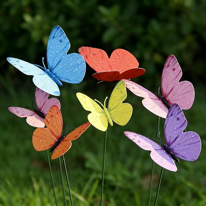 VininMayii，24PCS（6 Colours X 4） Butterfly Garden Stakes，Waterproof Outdoor Yard Art，Vibrant Realistic Plant Picks for Flower Beds，Planters and Patio，Fluttering Whimsical Decor for Spring and Memorials