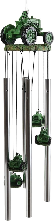 Ebros Gift Old Fashioned Vintage Country Agricultural Farm Green Tractor Model Resonant Relaxing Wind Chime Patio Garden Accent of Rustic Countryside Farming Cottage Theme