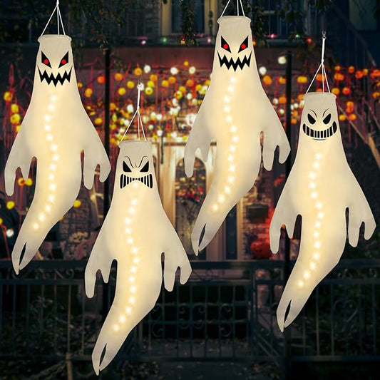 Geefuun 4PCS Warm Light Halloween Fierce Ghost Windsocks Hanging Decorations - 43 Inch Flag Wind Socks for Home Yard Outdoor Decor Party Supplies (Batteries Not Included,No Timer)