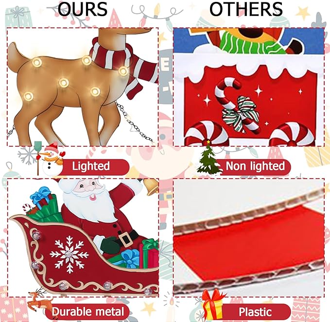 Afirst Christmas Yard Stakes Lighted Up Metal Christmas Outdoor Decorations with Lights Santa Claus On Sleigh Reindeers Lighted Metal Yard Stakes Xmas Garden Stake Lawn Pathway Outdoor Decoration