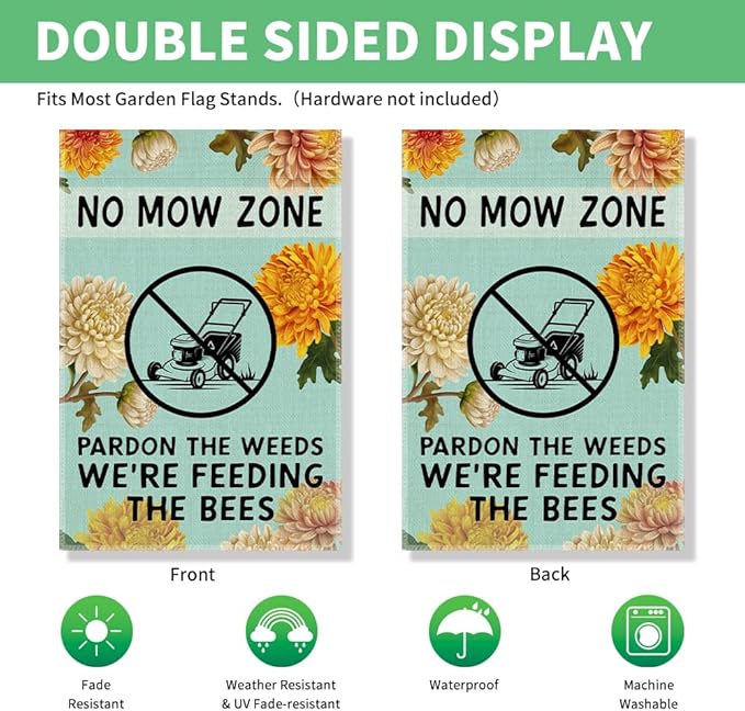 Perfectinsoy No Mow May Zone Sign, Pardon the Weeds We're Feeding the Bees Funny Garden Flag, Pollinator Friendly Yard Banner, Bee Lover Gifts for Gardener, Welcome Yard Farmhouse Spring Outdoor Decor