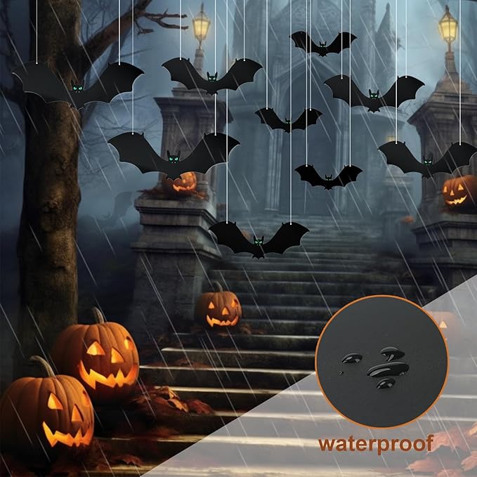 18 PCS Hanging Bats Halloween Decorations - 3 Different Sizes Black Bats with Glowing Eyes for Outdoor and Indoor Party Decor - Yard, Wall, Tree, Lawn