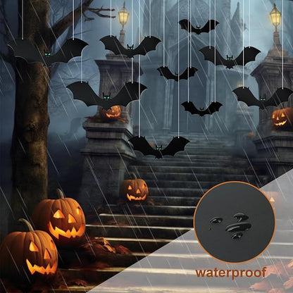 18 PCS Hanging Bats Halloween Decorations - 3 Different Sizes Black Bats with Glowing Eyes for Outdoor and Indoor Party Decor - Yard, Wall, Tree, Lawn