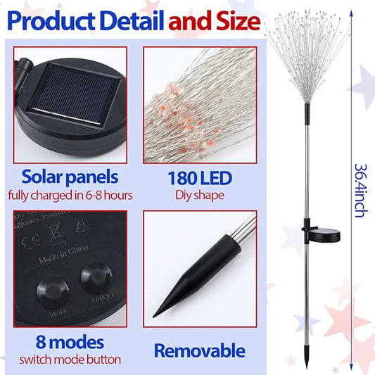 Tujoe 8 Pcs 4th of July Solar Firework Stake Lights 180 LED 8 Modes Solar Waterproof LED Sparkler Lights Outdoor Patriotic Decor for USA Anniversary Garden Patio Yard Pathway (Red White Blue)