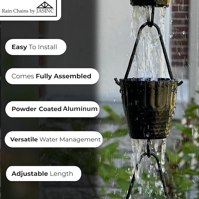 8.5 ft Ruffle Cups Hammered Black Powder Coated Aluminum, to Replace Roof Gutter Downspout, with Installation Kit, Rainwater Catcher/Water Diverter, JAS3003BLK