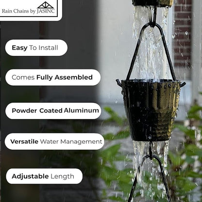 8.5 ft Ruffle Cups Hammered Black Powder Coated Aluminum, to Replace Roof Gutter Downspout, with Installation Kit, Rainwater Catcher/Water Diverter, JAS3003BLK