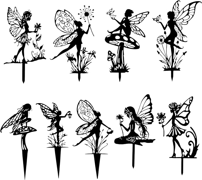 Fairy Garden Decor - 9-Piece Metal Garden Statue Deals for Outdoor, Yard & Lawn - Whimsical Iron Fairy Sculptures Set (11.8 Inch) (Nine Fairies)