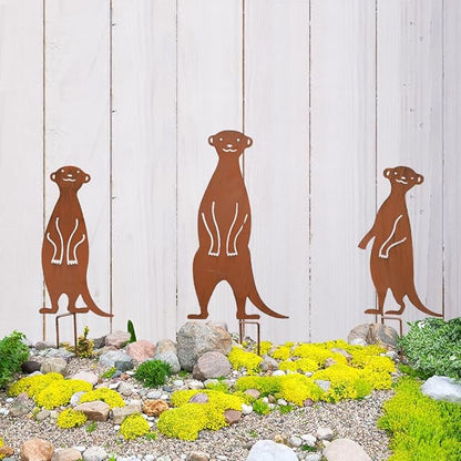 3Pcs Rusty Garden Decorative Stakes Metal Animals Garden Decor Meerkat Statues Outside Yard Art Sculptures Patio Lawn Ornaments