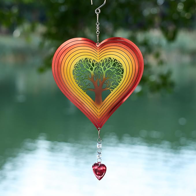 3D Heart Shaped Wind Spinner, 10"x7" Stainless Steel Outdoor with Tree of Life Design, Waterproof Colorful Hanging Wind Rotator with Soothing Bell, Decorative Garden Yard Patio Art Gift