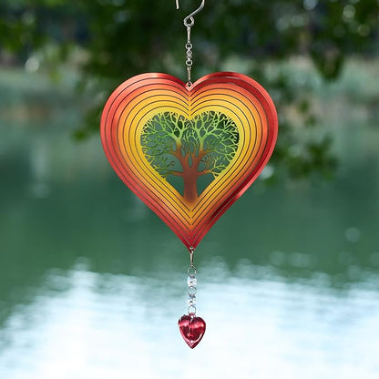 3D Heart Shaped Wind Spinner, 10"x7" Stainless Steel Outdoor with Tree of Life Design, Waterproof Colorful Hanging Wind Rotator with Soothing Bell, Decorative Garden Yard Patio Art Gift