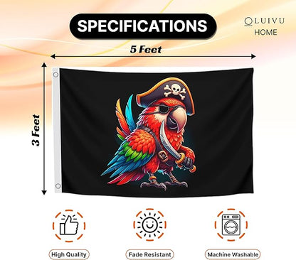 3x5 Ft Pirate Parrot Polyester Flag with 2 Grommets - Garden Yard Porch Patio Banner for Decor - Pirate Parrot Single Sided Flag or Black Boat Flags or Banners Man Cave Parrot - Outside Pirate Banner