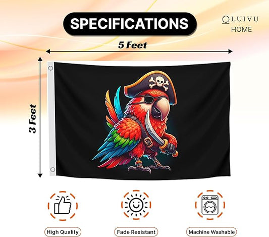 3x5 Ft Pirate Parrot Polyester Flag with 2 Grommets - Garden Yard Porch Patio Banner for Decor - Pirate Parrot Single Sided Flag or Black Boat Flags or Banners Man Cave Parrot - Outside Pirate Banner