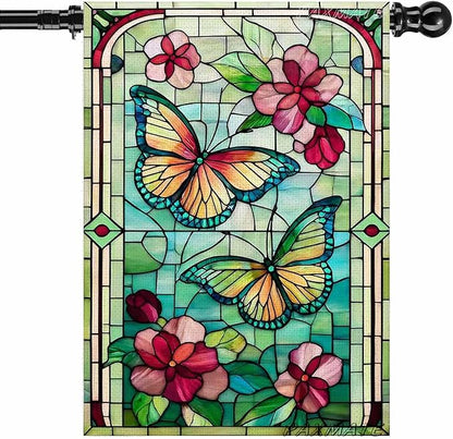 Spring Summer Butterfly House Flag 28x40 Inch Double Sided, Stained Glass Floral Butterfly Outdoor Flag, Colorful Flower Large Yard Lawn Porch Patio Farmhouse Garden Decor