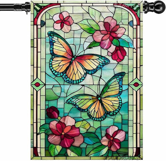 Spring Summer Butterfly House Flag 28x40 Inch Double Sided, Stained Glass Floral Butterfly Outdoor Flag, Colorful Flower Large Yard Lawn Porch Patio Farmhouse Garden Decor