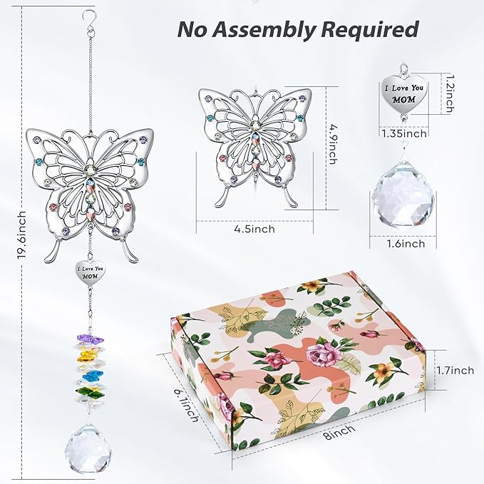 VIVIKEN Butterfly Suncatcher with The Tag of I Love You Mom Mother’s Day Butterfly Rainbow Maker Window Decor Wind Chime Crystal Ball Ornament Sun Catcher Gifts to Mom for Birthday Christmas