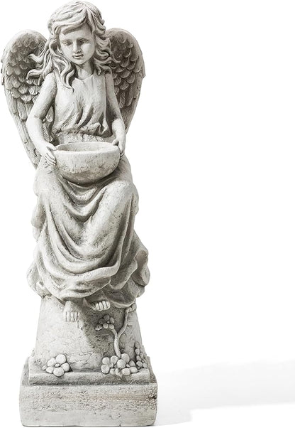 glitzhome GH50526 Angel with a Bird Bath Garden Decor Statue, 31 Inch, Antique Beige