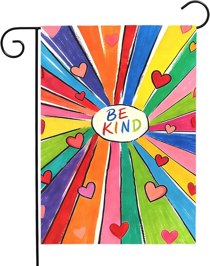 Be Kind Garden Flag Colorful Positive Message Outdoor Yard Flags Rainbow Heart Art House Banner for Teachers Schools Classrooms Front Porch Patio Community Welcome Kindness Decor 12x18 Inch