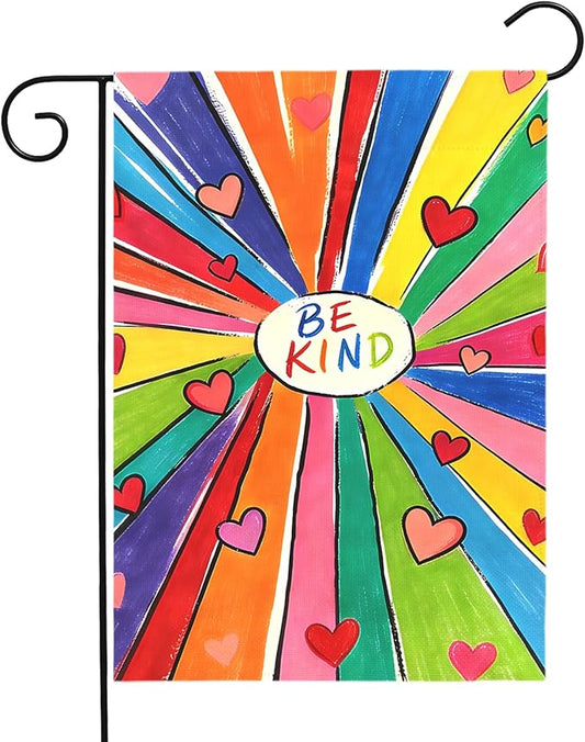 Be Kind Garden Flag Colorful Positive Message Outdoor Yard Flags Rainbow Heart Art House Banner for Teachers Schools Classrooms Front Porch Patio Community Welcome Kindness Decor 12x18 Inch