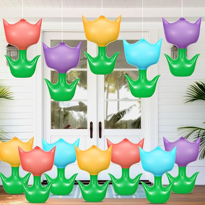 12 Pieces 12 Inch Spring Inflatable Decor Large Tulip Flower Inflatable Hanging Ornaments Easter Spring Yard Decoration Indoor Outdoor Colorful Tulips for Yard Home Birthday Party Decor