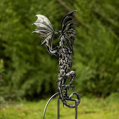 Zaer Ltd. Metal Dragon Rocking Garden Stake, Kinetic Wind Decor, Metallic Black Finish, Moving Wings (Tail Down Moonfyre)