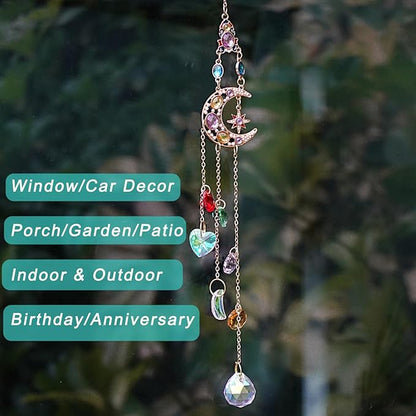 Moon Prism Crystal Suncatcher for Car Rear Mirror- Hanging Decoration for Indoor Window Outdoor Patio Chandelier Garden - Rainbow Maker Hanging Ornament