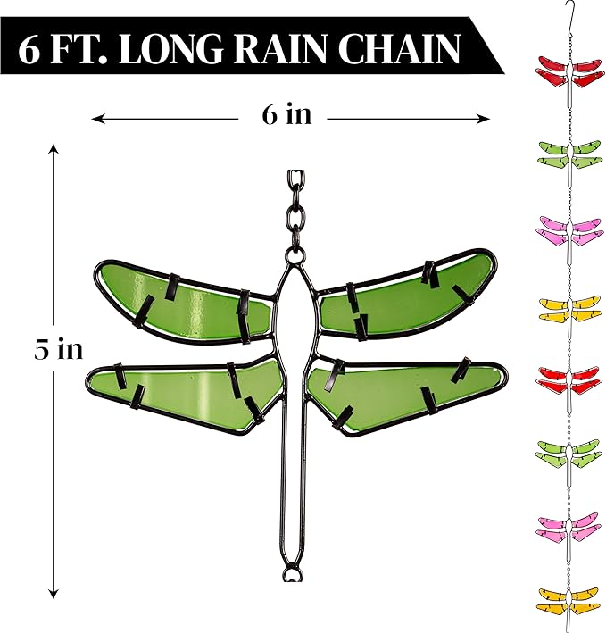 Evergreen Garden Dragonfly Stained Glass Metal Rain Chains for Gutters | 6 Ft. Rain Catcher Chain Replacement Downspout | Decorative Rain Chains for Outside Garden Balcony Porch