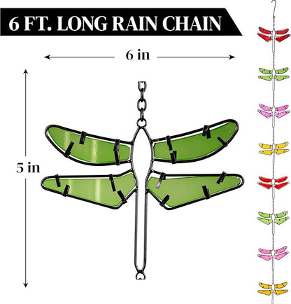 Evergreen Garden Dragonfly Stained Glass Metal Rain Chains for Gutters | 6 Ft. Rain Catcher Chain Replacement Downspout | Decorative Rain Chains for Outside Garden Balcony Porch