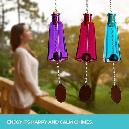 Blue Ridge Mountain Gifts Pyramid Bottle Wind Chime for Garden & Porch Decor w/Cooper Accent, Stained Wooden Ball, & Colorful Glass Bottles - Ideal for Wind Chime Lovers (Purple, Pink, Aqua Blue)