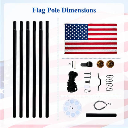 PHITRIC 11 Gauge Heavy Duty Flag Pole Kit with Solar Light, 25FT Extra Thick Aluminum Flagpole for Outside in Ground, Hardware Flagpole Set with 3x5 American Flag, 120 MPH Wind Resistant