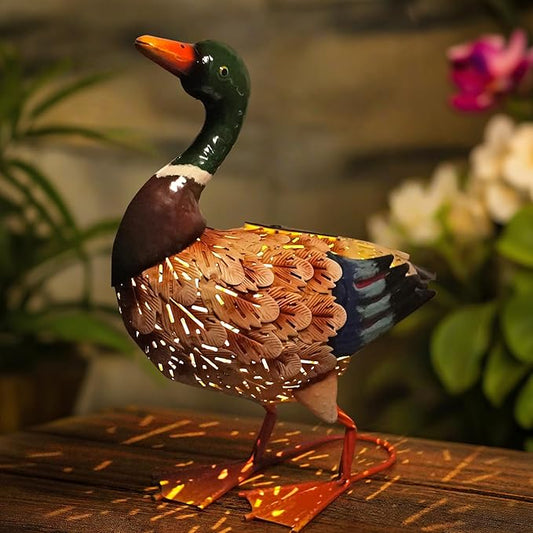 HONGLAND Solar Mallard Duck Outdoor Sculpture, 16" Metal Duck Garden Animal Statue with Lights for Outdoor Patio, Backyard, Lawn, Home Kitchen Decoration