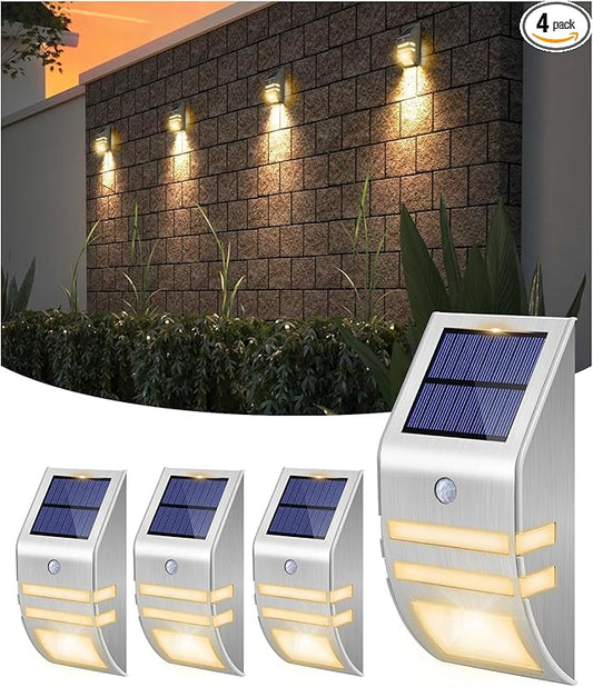 4 Pack Solar Stainless Steel Fence Lights Outdoor Waterproof Motion Sensor Wall Sconce for Backyard Post, Deck, Porch, Stair Rail, Dock, Gate, Walkway, Steps, Patio, Garden, Ambiance Warm Lighting