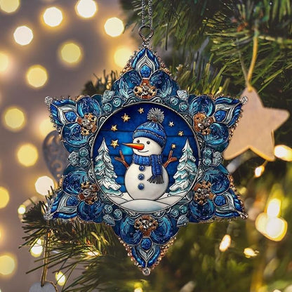 Cute Snowman Giving Presents Mosaic Snowflake Acrylic Suncatcher Stained Glass Effect Window Car Hanging Christmas Ornament Indoor Outdoor Decor Garden Sun Catcher Panel for Women Mom Grandma