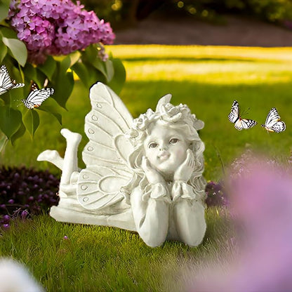 Whimsical Angel Garden Statue – Hand-Painted Laying Fairy Figurine for Yard, Patio or Flower Bed – Resin Outdoor Decoration (10.2” Long)