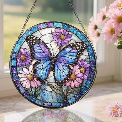 Stained Glass Suncatcher Window Hanging, 7.8 Inch Handmade Sunflower Garden suncatchers, Suncatcher Home Decor,Gift for Women, Mom, Grandma (Butterfly)