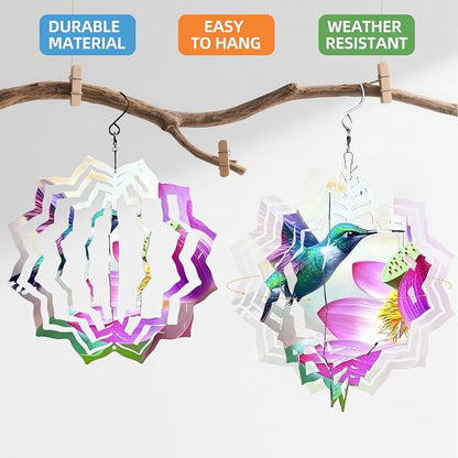 8 Inch Sublimation Wind Spinner, 3D Aluminum Metal Wind Spinner with Hook, Indoor Yard Garden Hanging Decoration, Weather Resistant Rotating Spiral Ornament, Hummingbird and Lotus