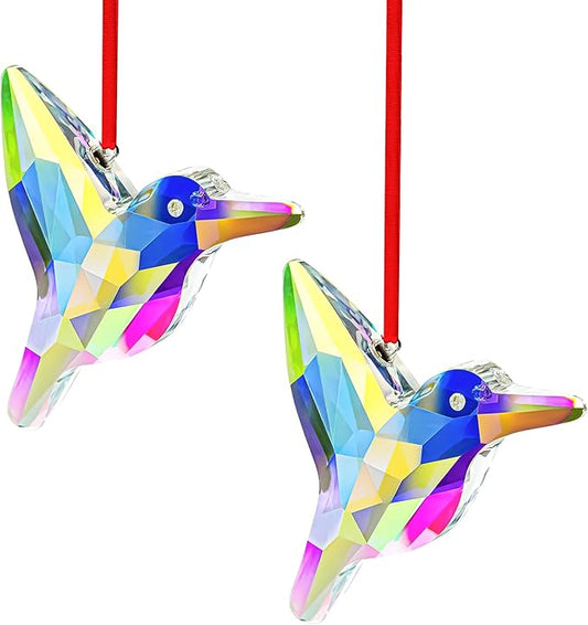 H&D HYALINE & DORA Set of 2,3" Crystal Sun Catcher Prisms, AB Colored Hummingbird Hanging Suncatchers, Glass Hummingbird Prisms for Windows, Garden Decor