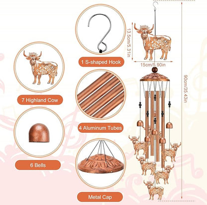 Highland Cow Wind Chimes for Outside Metal Windchimes Highland Cow Gifts for Women Men Garden Decor for Patio Yard Sympathy Memorial
