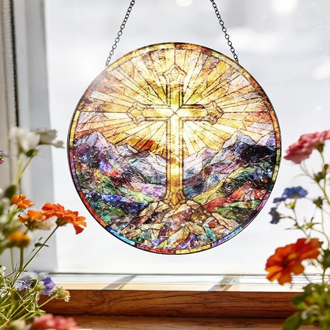 Christian Cross Stained Glass Window Hanging - Mountain Landscape Religious Sun Catcher with Chain, Round Glass Ornament for Home Garden Window Decor Gift, 8 Inch