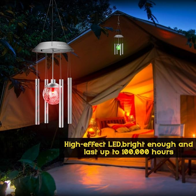 IMAGE Solar Wind Chime Outdoor Hanging Lights Crackle Glass Ball Wind Chimes Color Changing Lights with Metal Tube Hanging Garden Lights for Patio Yard Home Decor Gifts for Mom Women