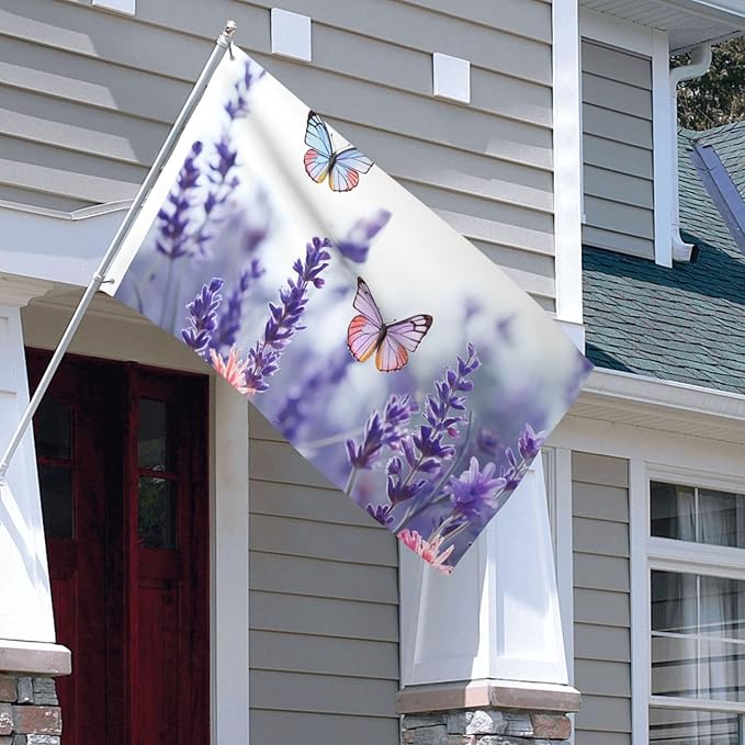Lavender Flower Background with Butterflies Flag 3x5 Ft Outdoor Flags Double Sided Garden Flag Funny Outside Yard Flag Party Banner for Wall Art Hanging Poster Indoor Outdoor Decoration