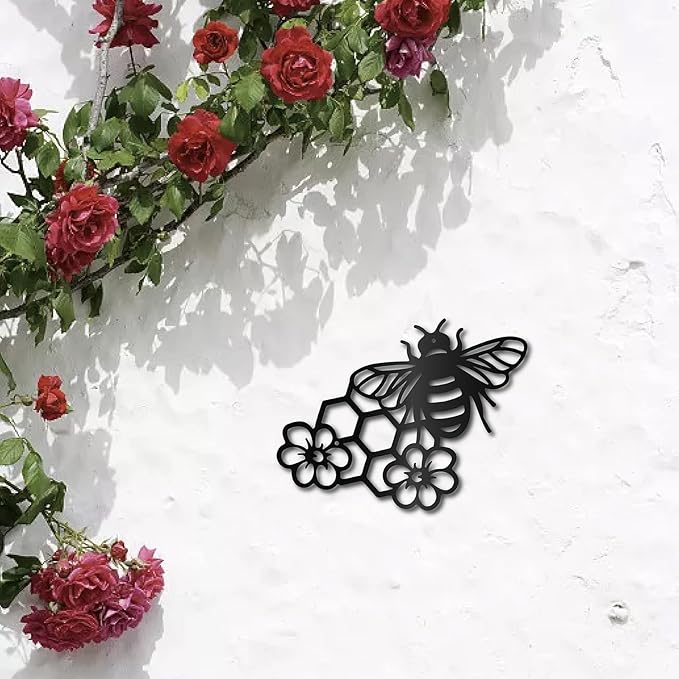 CREATCABIN Bees Metal Wall Art Decor Black Honey Wall Hanging Ornament Iron Wire Wall Art Flower Sculpture Decoration Sign Minimalist Wall Decor for Farmhouse Garden Bedroom Office Home 12 x 9Inch